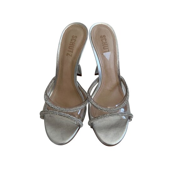 SCHUTZ  Silver Leather Rhinestone Sandals Heels SIze 8 - Picture 4 of 11